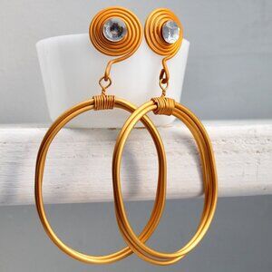 Vintage 90s Aluminum Wrap Oval Wire Door Knocker Rhinestone Pierced Earrings NWT